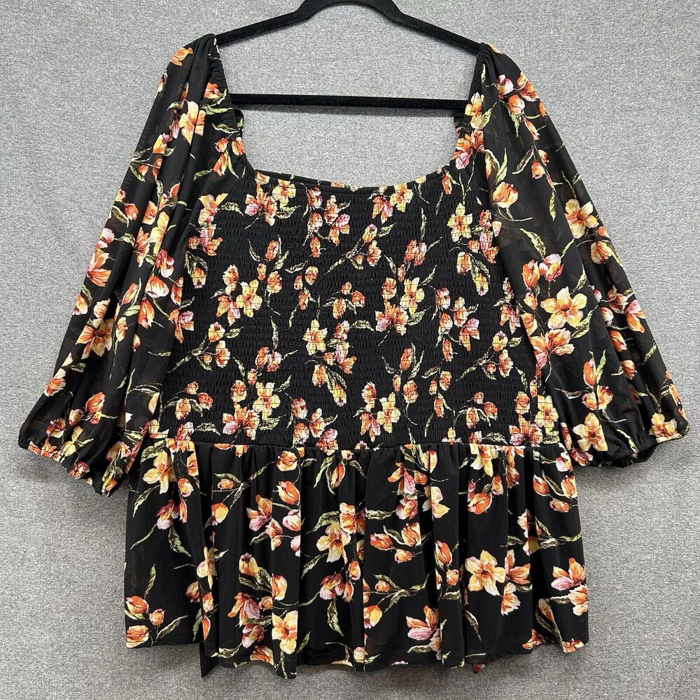 Siren Lily Womens 3X Babydoll Top Black Floral Smocked Peplum Blouse Bow